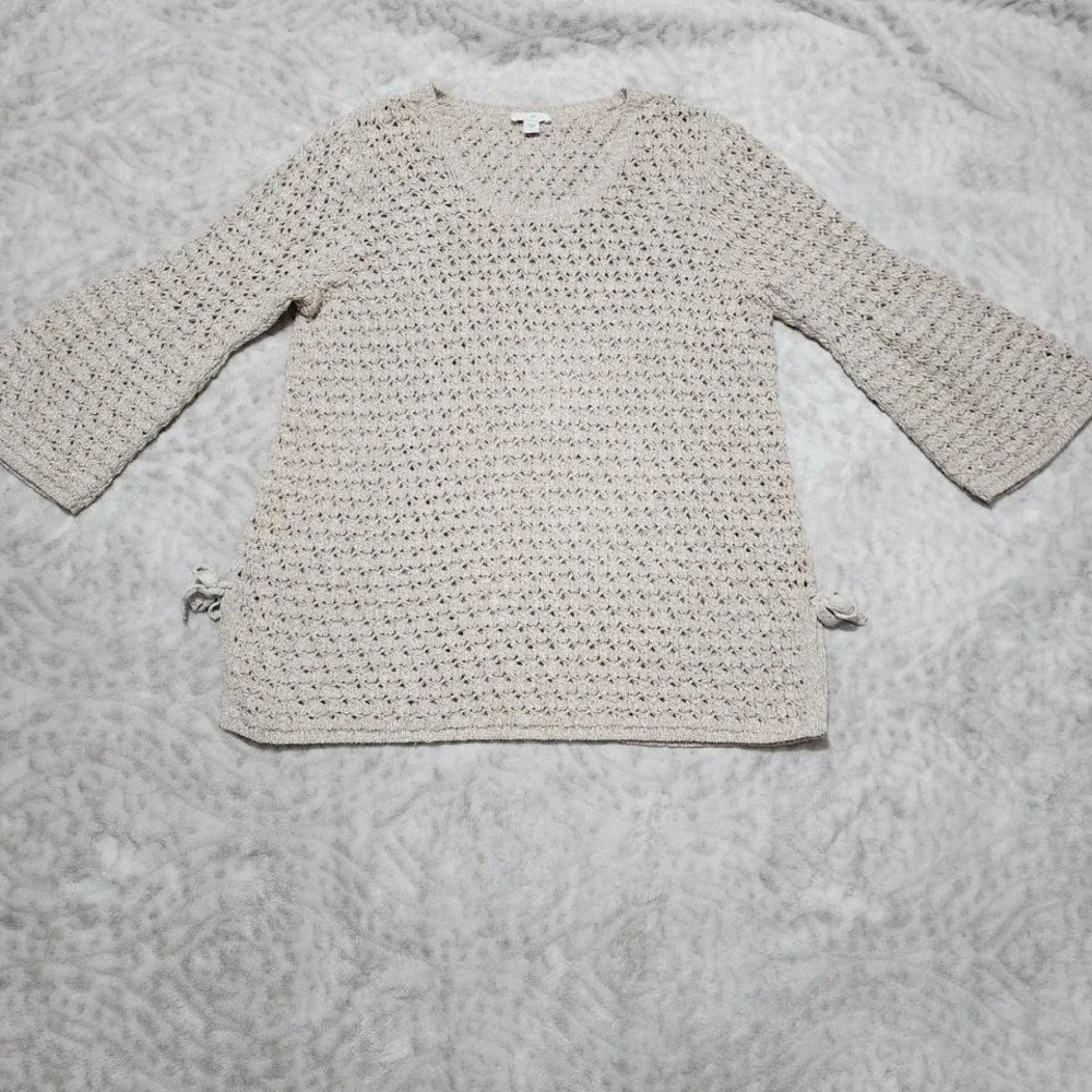 J Jill Top Women's Sz M Open Knit Crochet Tunic Boho 3/4 Bell Sleeve Granola
